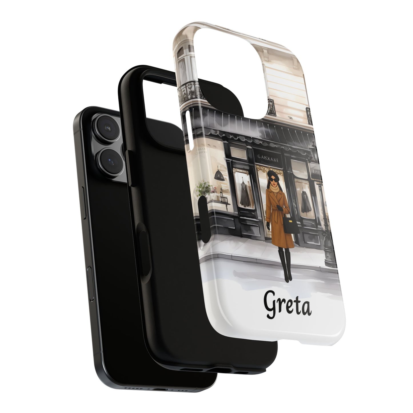 Phone case with a design of a woman in a coat and the name 'Greta' on a white background