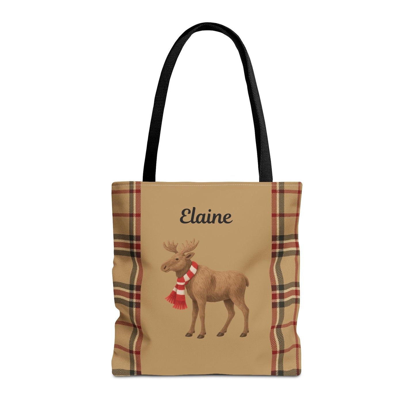 Tote bag with moose design and plaid pattern on a beige background