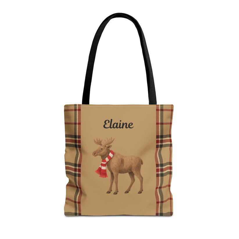 Tote bag with moose design and plaid pattern on a beige background
