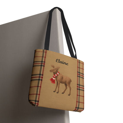 Tote bag with moose design and plaid pattern, featuring the name 'Elaine'.