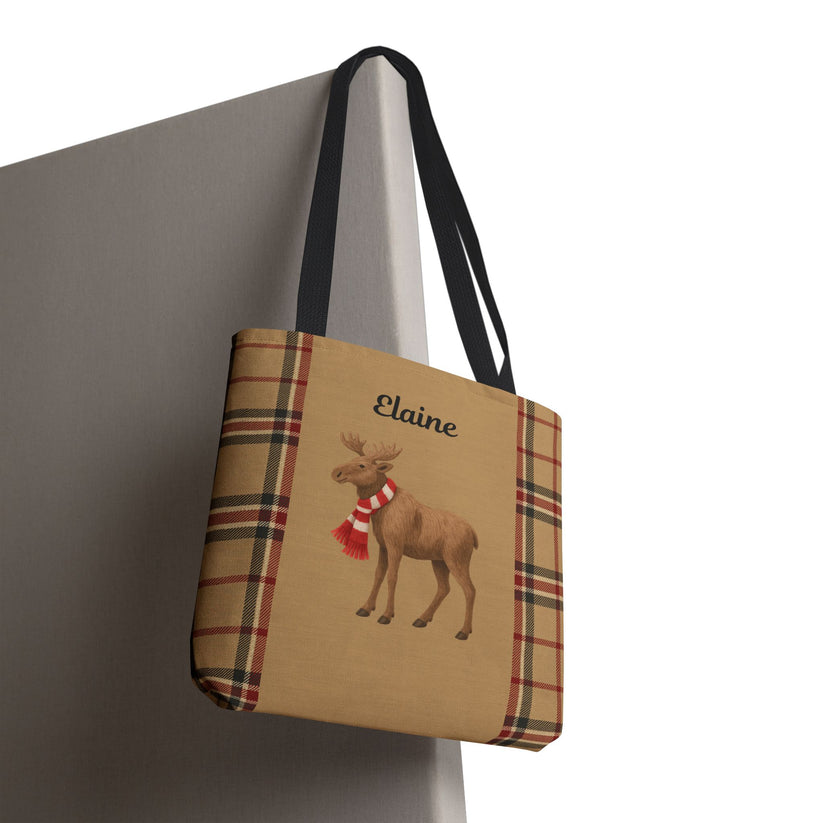 Tote bag with moose design and plaid pattern, featuring the name 'Elaine'.