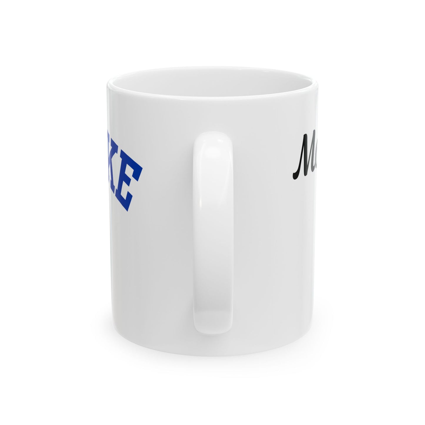 White mug with text on a white background