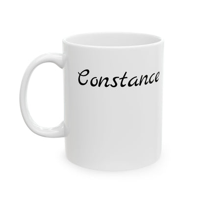 White mug with 'Constance' printed on a white background