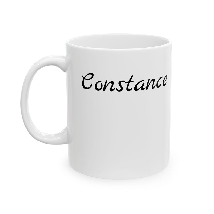 White mug with 'Constance' printed on a white background