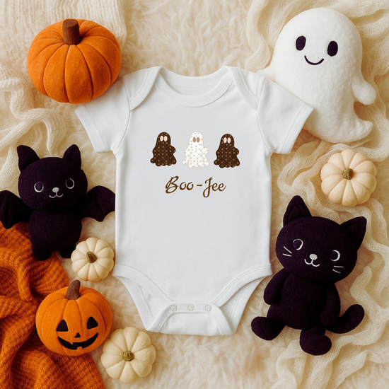 Personalized “Boo-Jee” Baby Bodysuit | White Infant Onesie with Boujee Ghosts | Customizable Halloween Outfit