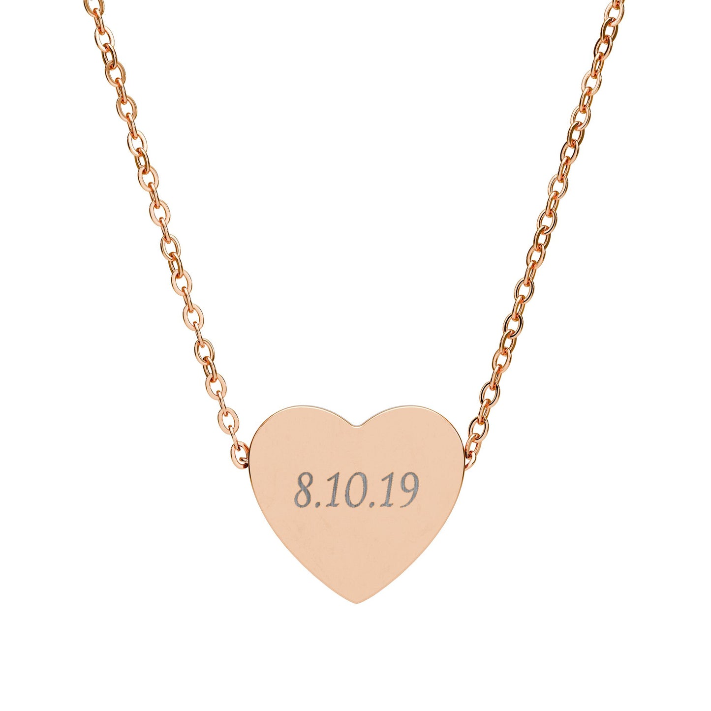 Rose gold heart-shaped necklace with engraved date on a white background