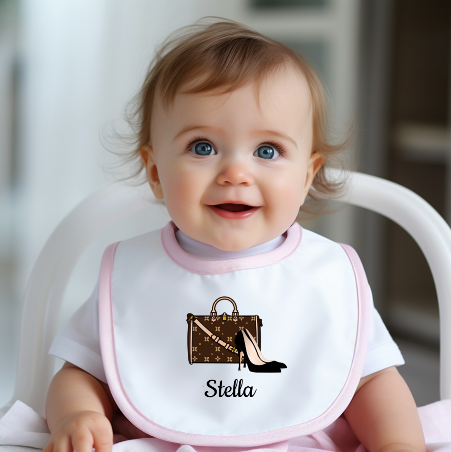 Chic Baby Bib | Shoes & Purse or Purse Only | 100% Cotton | 5 Piping Colors
