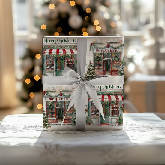 Watercolor Christmas Boutique Wrapping Paper | 2 Festive Shop Designs | Satin Finish Gift Wrap in 3 Sizes