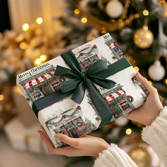 Watercolor Christmas Boutique Wrapping Paper | 2 Festive Shop Designs | Satin Finish Gift Wrap in 3 Sizes
