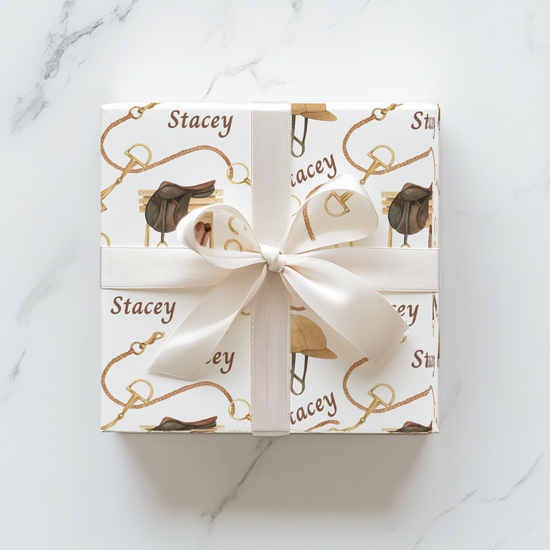 Personalized equestrian wrapping paper featuring watercolor saddles, boots, and bridles, printed on satin-finish paper from Trésor Valeur’s Modern Equestrian Collection