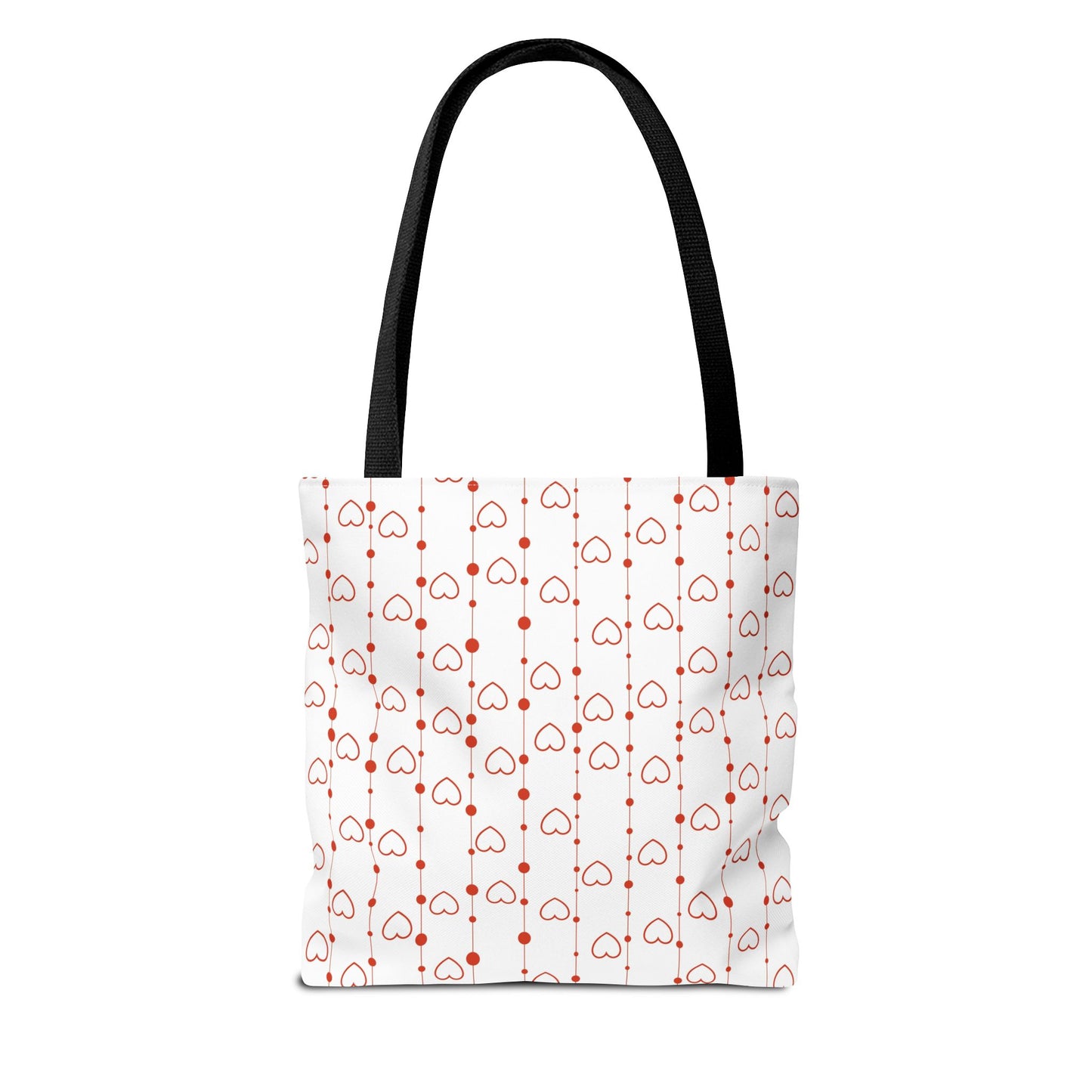 Tote bag with red heart pattern on a white background