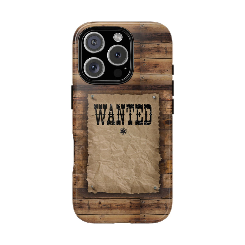 Phone case with wooden design and 'WANTED' poster on a white background