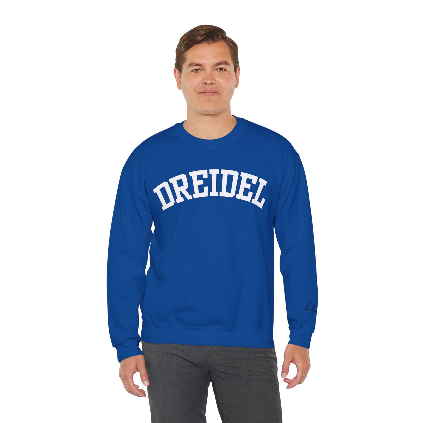 DREIDEL Collegiate Personalizable Sweatshirt | Custom Sleeve or Back | White, Gold & Blue