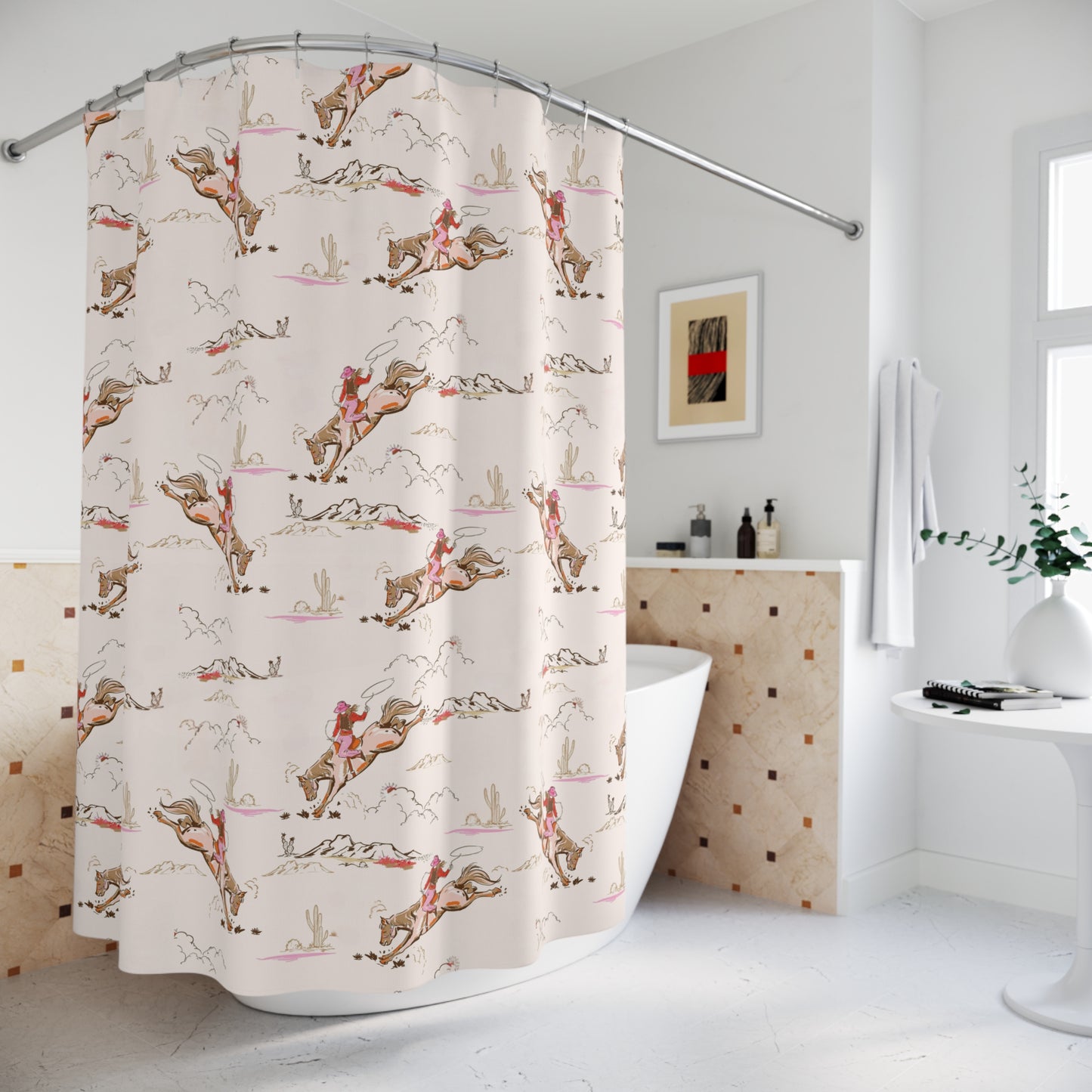 Cowgirl Bucking Bronco Shower Curtain | Pink Western Bath Decor | 71" × 74" | Urban Cowgirl Collection