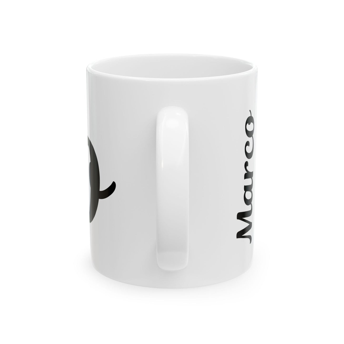White mug with black 'Marco' text on a white background