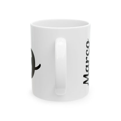 White mug with black 'Marco' text on a white background
