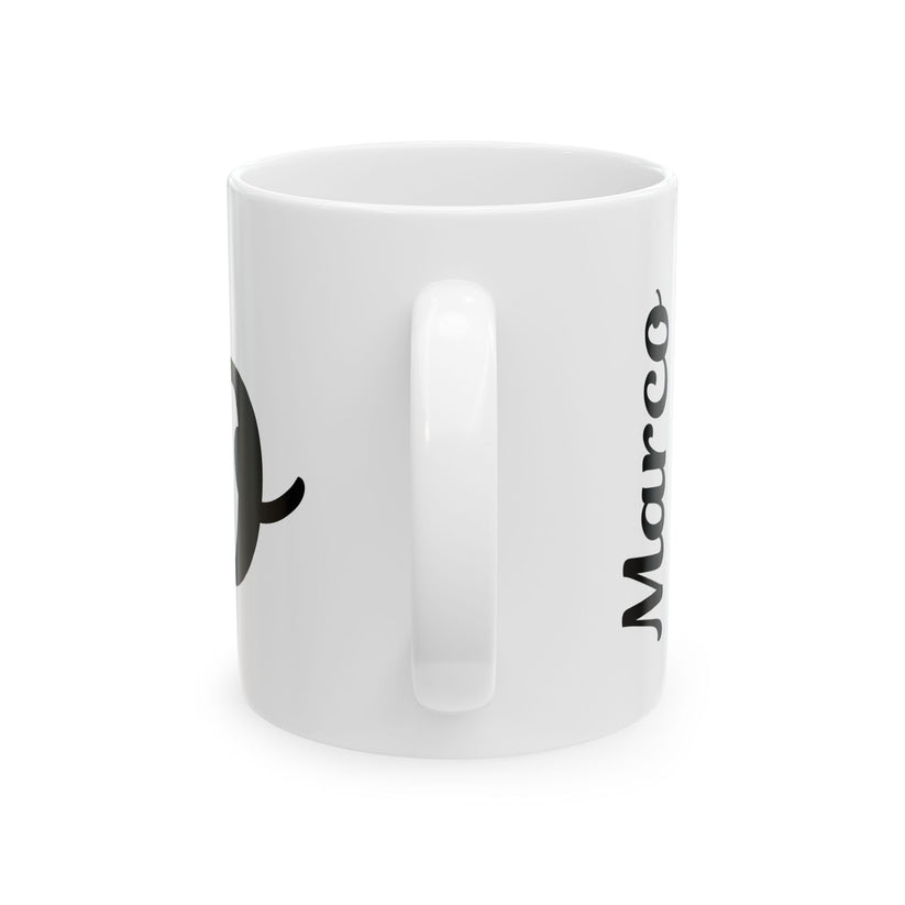 White mug with black 'Marco' text on a white background