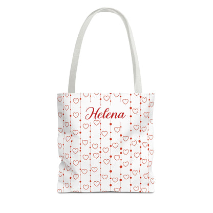 Tote bag with heart pattern and 'Helena' text on a white background