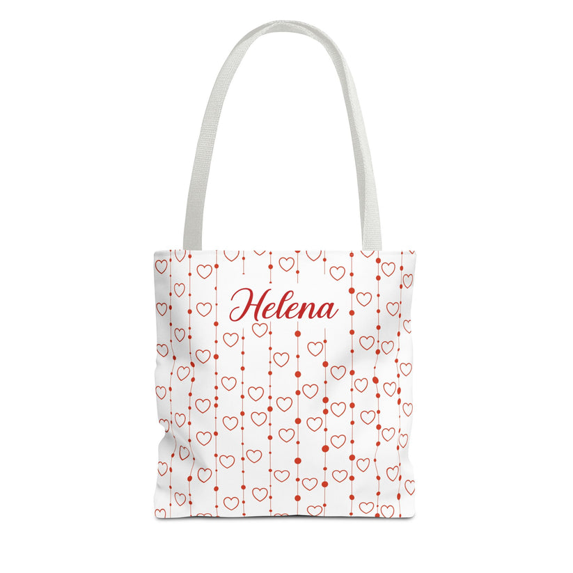 Tote bag with heart pattern and 'Helena' text on a white background