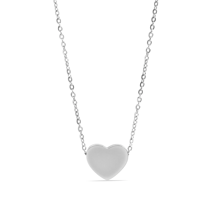 Silver heart-shaped pendant necklace on a white background
