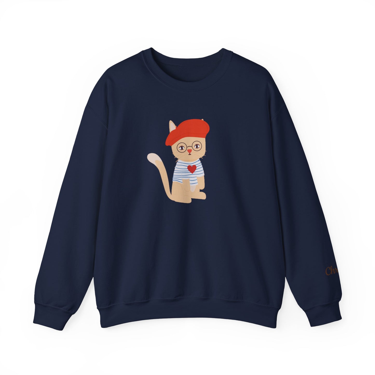Navy blue sweatshirt with a cartoon cat design wearing a red beret and glasses on a white background