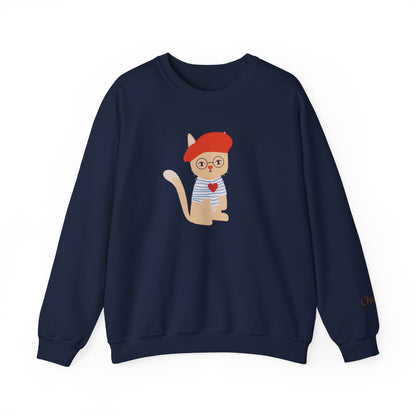 Navy blue sweatshirt with a cartoon cat design wearing a red beret and glasses on a white background