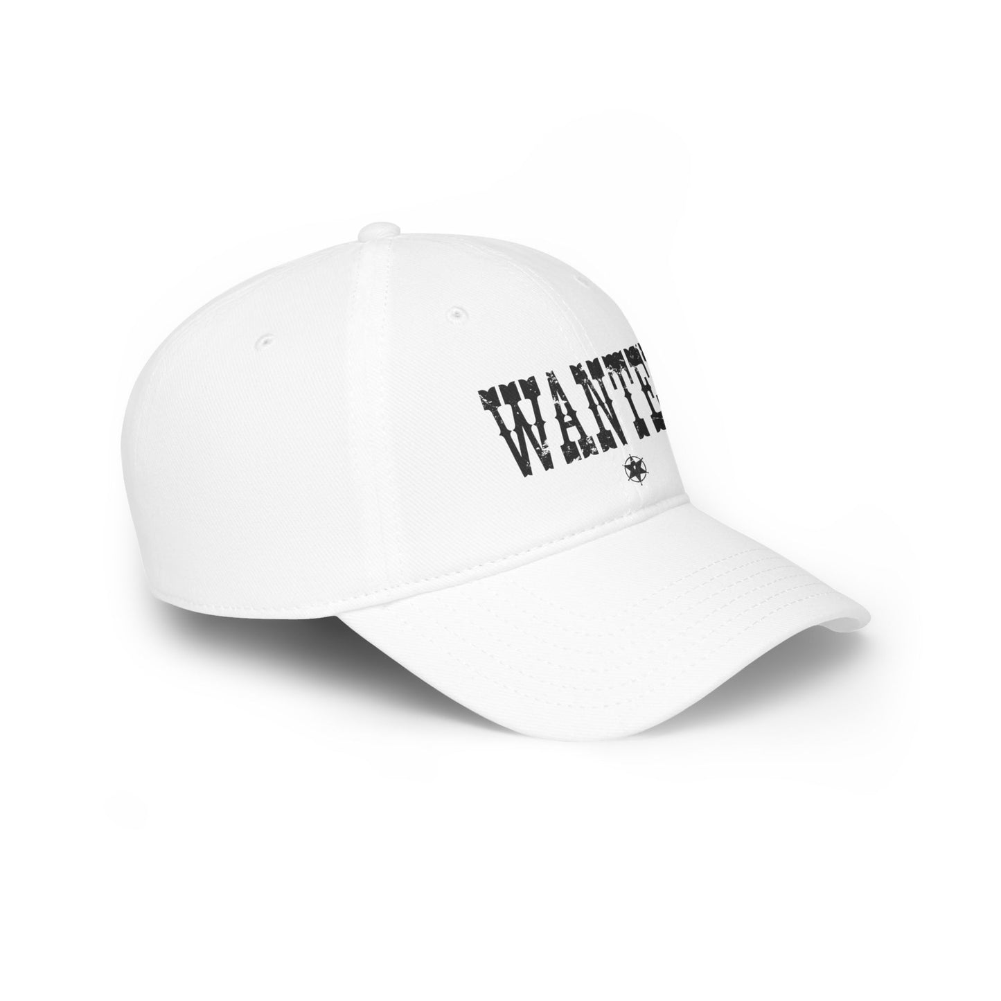 White cap with black text on a white background