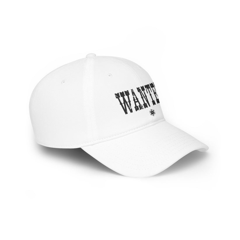 White cap with black text on a white background