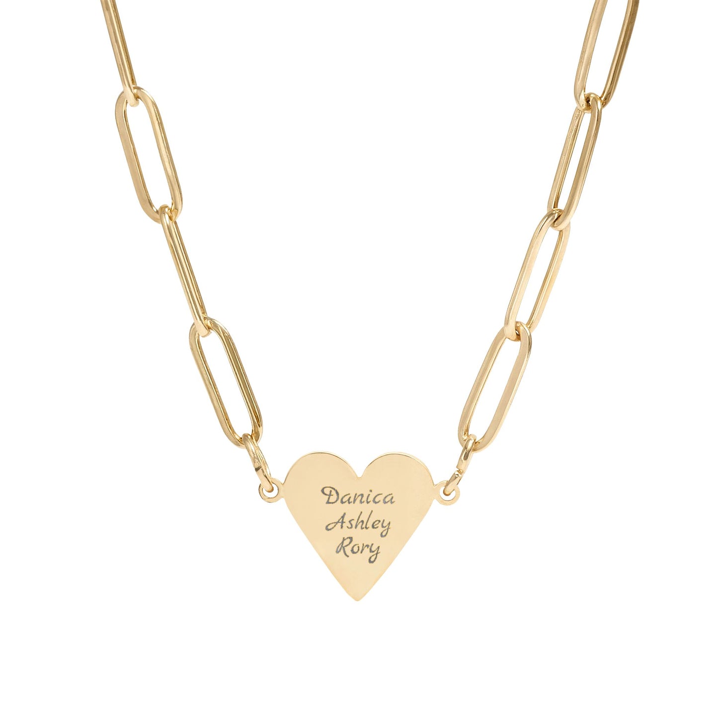 Gold heart-shaped pendant necklace with engraved names on a white background
