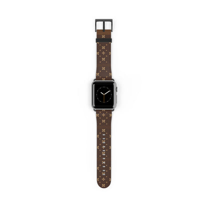 Smartwatch with a brown patterned strap on a white background