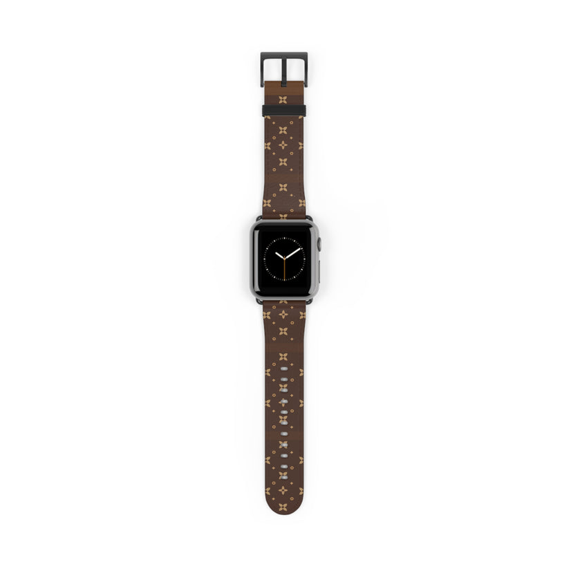 Smartwatch with a brown patterned strap on a white background
