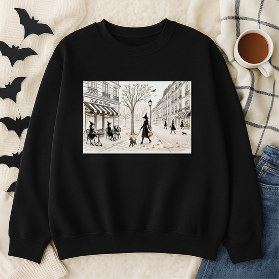 Haunted City Scene Halloween Sweatshirt | Trésor Valeur Wearable Art | Cozy Chic Fall Apparel  Personalizable Sleeve