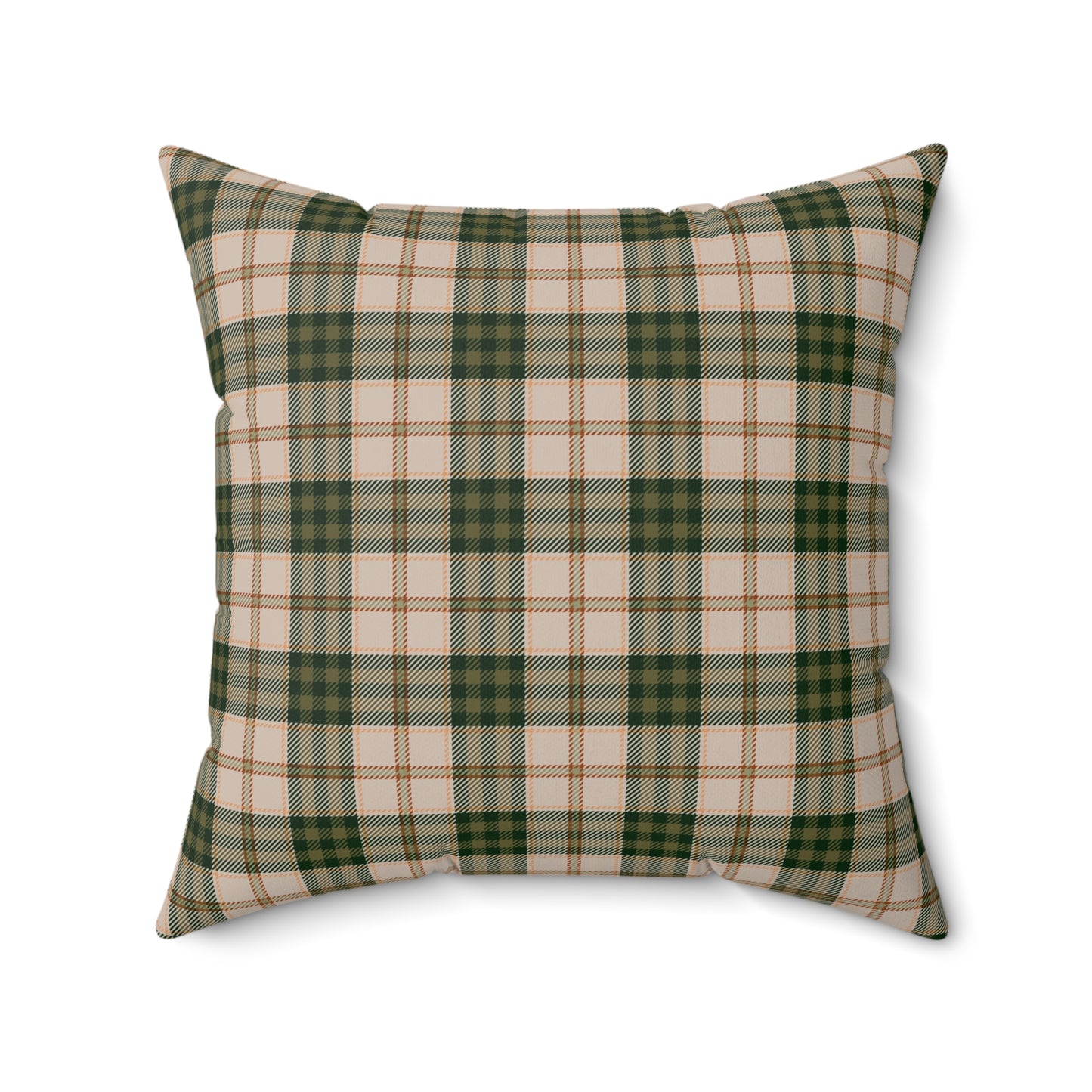 Plaid pillow with green and beige pattern on a white background