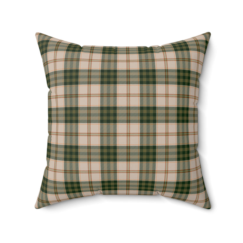 Plaid pillow with green and beige pattern on a white background