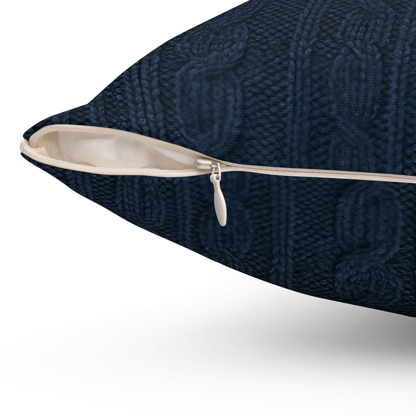 Navy blue textured pillow with a zipper on a white background