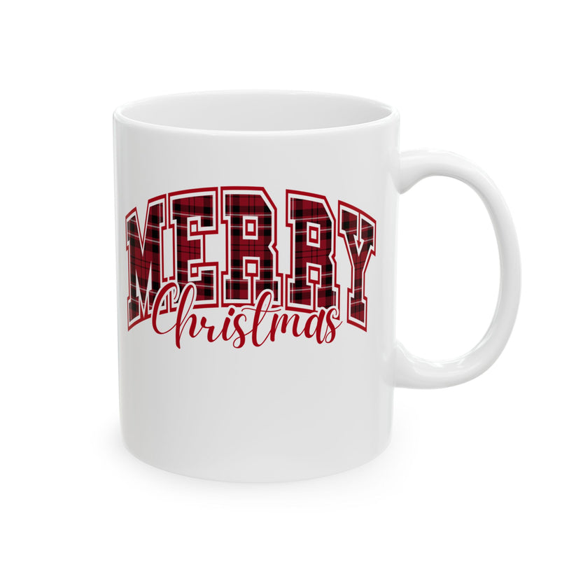 White mug with 'Merry Christmas' text in red plaid design on a white background