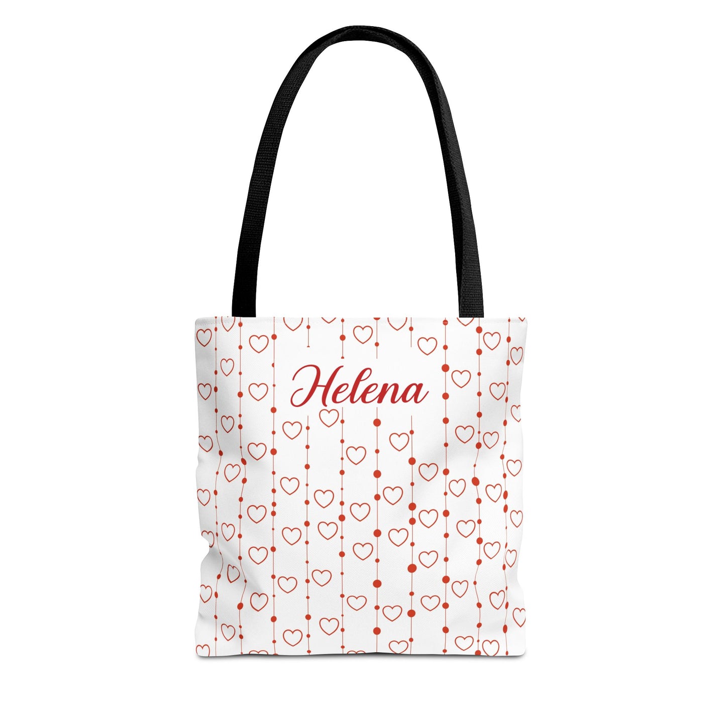 Tote bag with heart pattern and 'Helena' text on a white background
