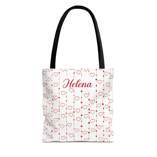 Tote bag with heart pattern and 'Helena' text on a white background