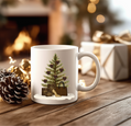 White mug with Christmas tree design on a wooden table with festive background