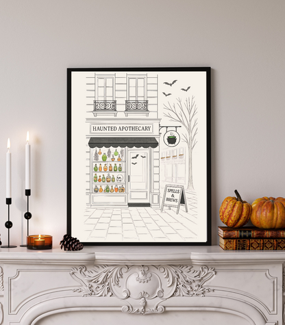 Framed artwork of a haunted apothecary on a decorative fireplace mantle.