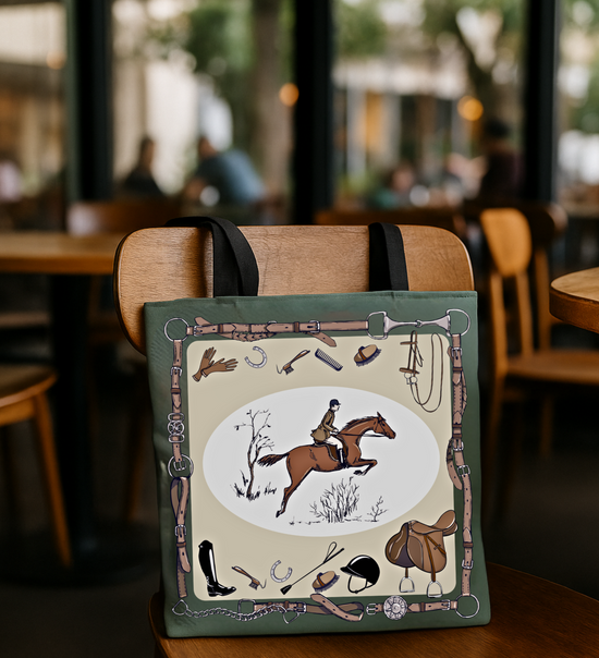 Tote bag with equestrian design on a wooden chair in a blurred restaurant setting