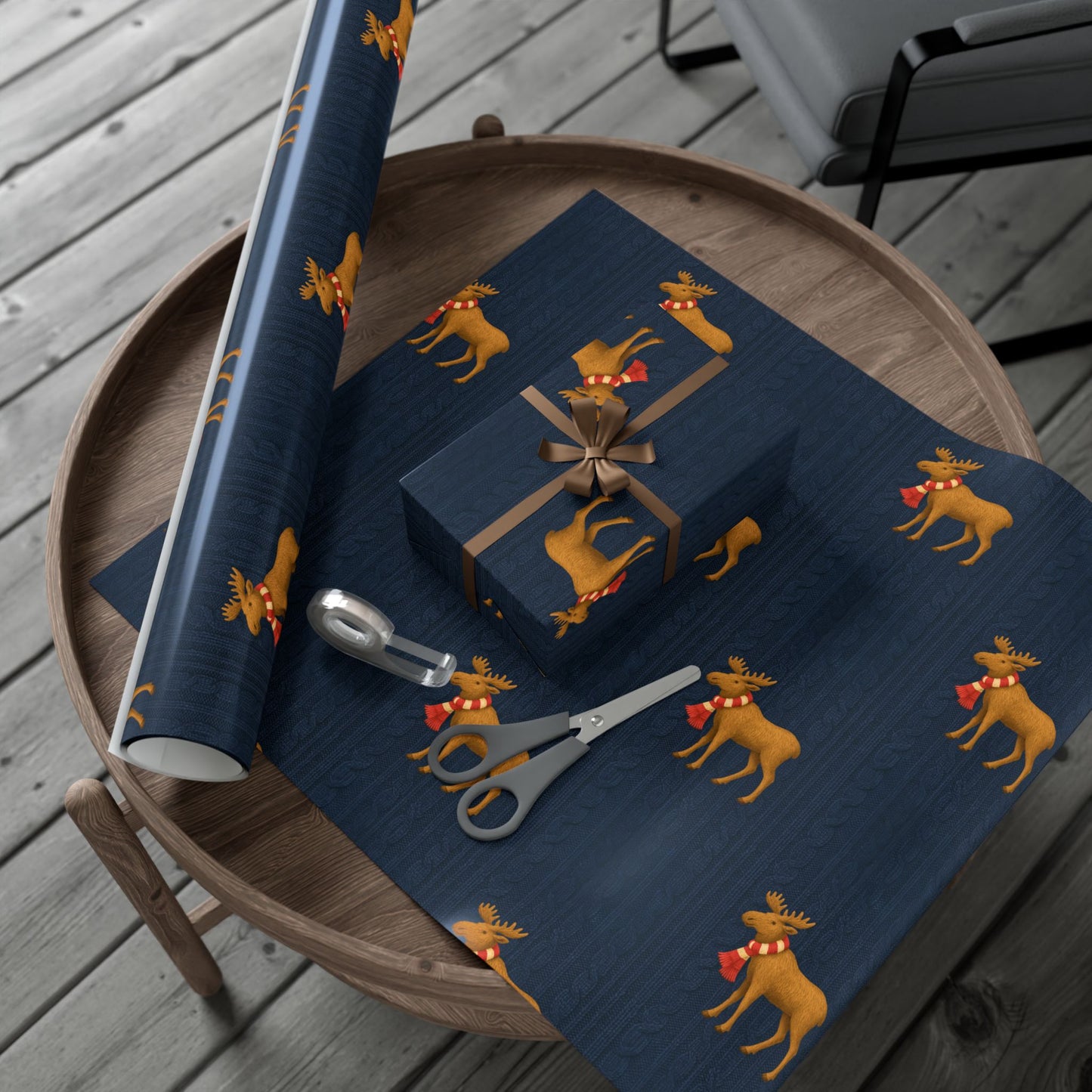 Navy Blue Cable Knit Wrapping Paper with Moose Motif | Satin Finish