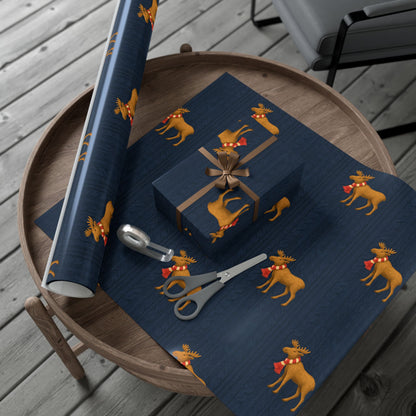 Navy Blue Cable Knit Wrapping Paper with Moose Motif | Satin Finish