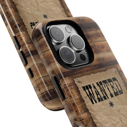 Wooden phone case with 'WANTED' design on a white background