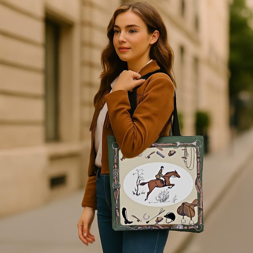 Woman holding a tote bag with equestrian design in an urban setting