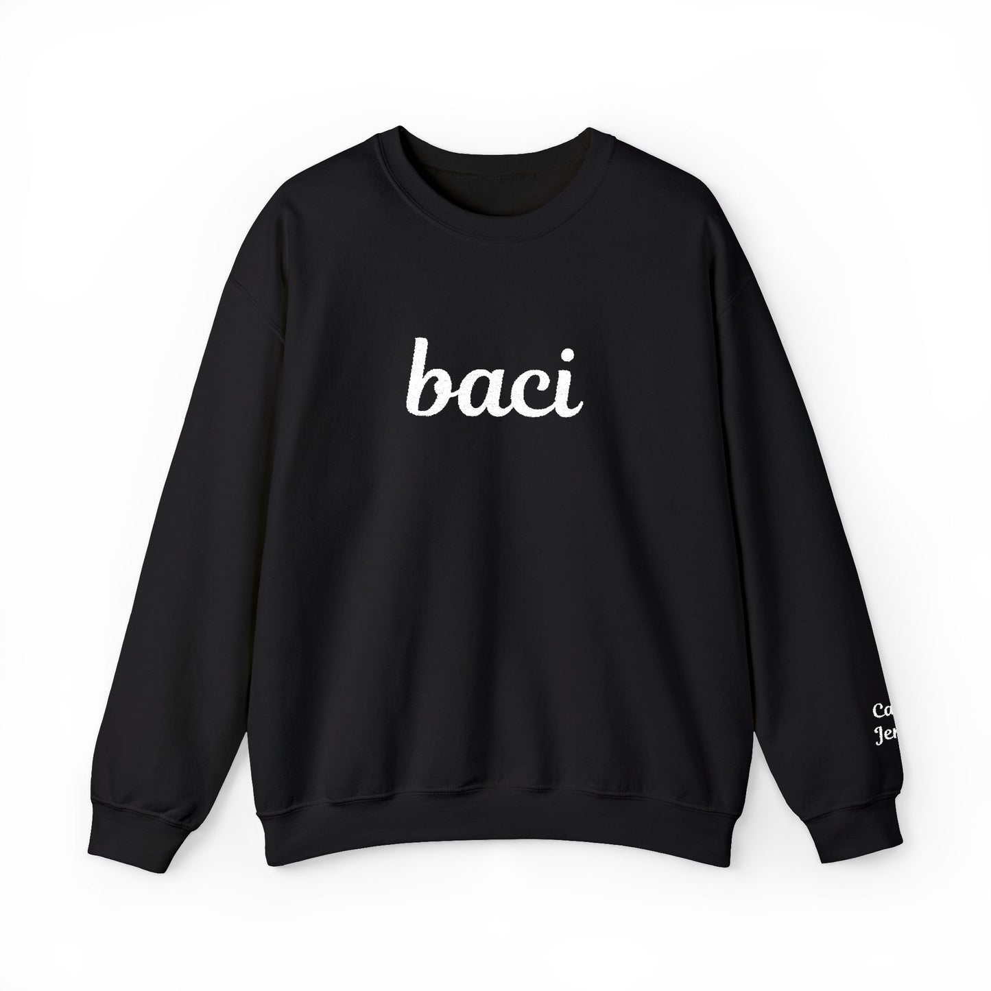Black sweatshirt with 'baci' text on a white background
