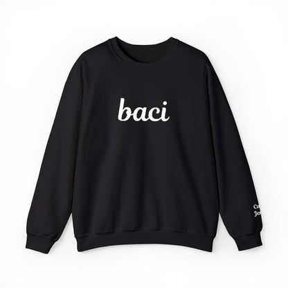 Black sweatshirt with 'baci' text on a white background