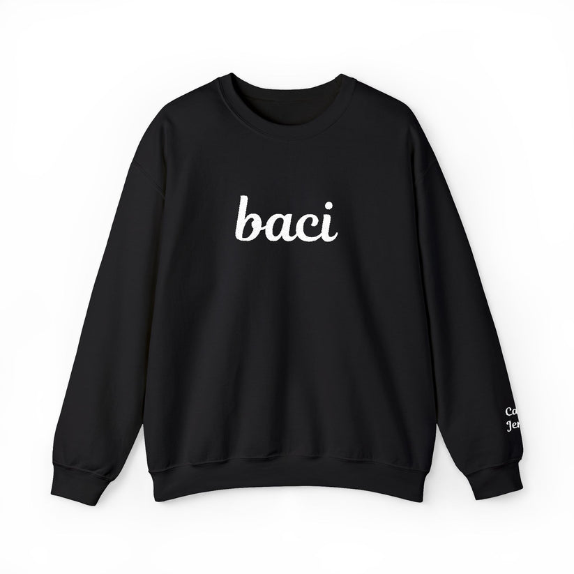 Black sweatshirt with 'baci' text on a white background