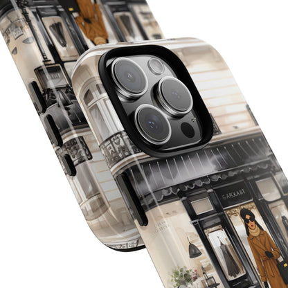 Phone case with vintage street scene design featuring buildings and people.