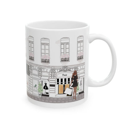 Haute in Paris Collection ceramic mug with customizable avatar, showing a fashionista outside a Paris boutique.